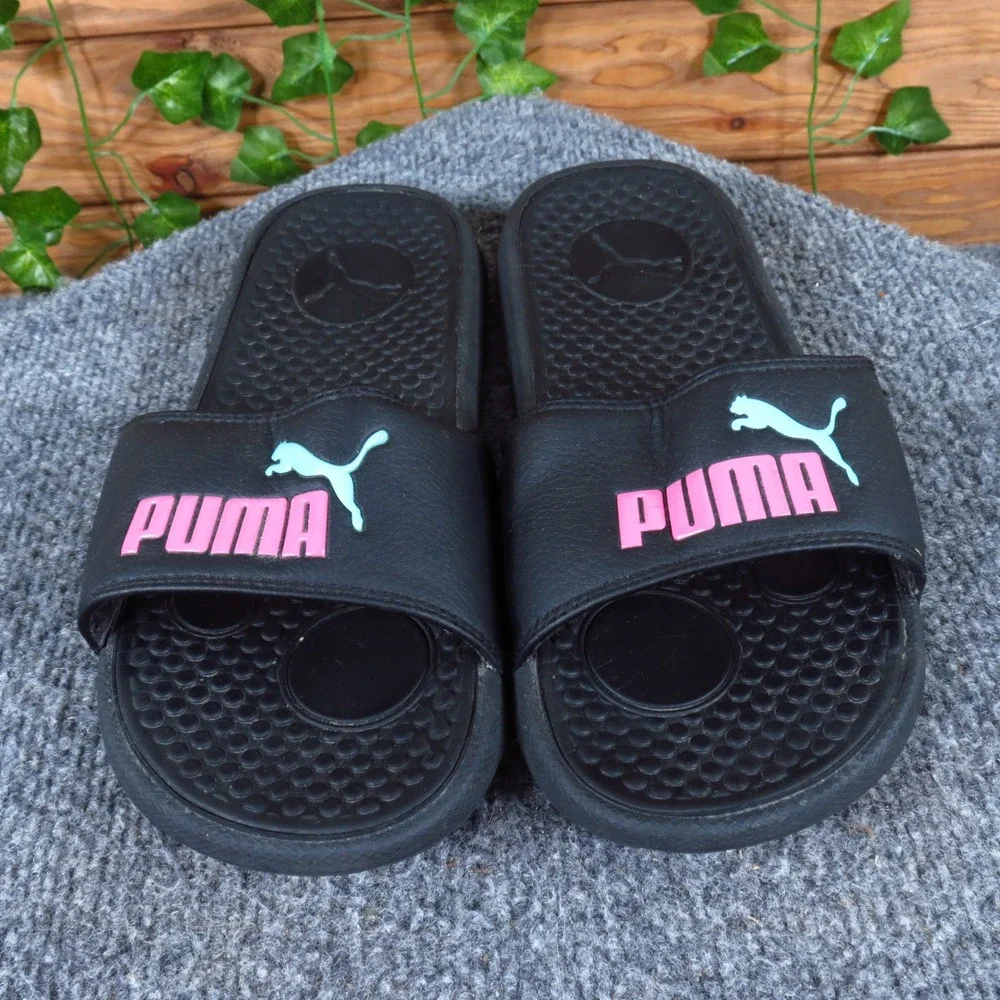 Puma‎ Cool Cat Womens Slide Sandals Size 6 Casual Comfort Black Pink Logo